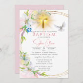 Invitation Elégant rose Aquarelle Floral Girl Baptism (Devant / Derrière)