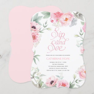 Invitation Élégant, Rose, Aquarelle Florale, Sip and See