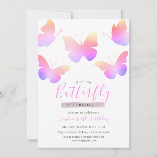 Invitation Elégant rose Aquarelle Papillon 1er anniversaire (Devant)