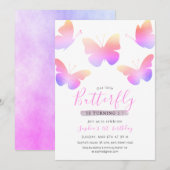 Invitation Elégant rose Aquarelle Papillon 1er anniversaire (Devant / Derrière)