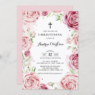 Invitation Elégant rose Aquarelle Rose Frame Christening