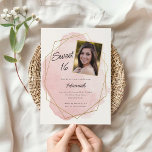 Invitation Elégant rose Aquarelle Sweet 16 Photo Anniversaire<br><div class="desc">Ce design moderne comprend un titre de script et votre texte personnalisé sur une aquarelle dessinée dans un cadre géométrique doré. Utilisez le formulaire modèle pour ajouter votre texte. Les menus d'édition avancés,  accessibles via l'outil de conception,  vous permettront de modifier les polices et la mise en page.</div>