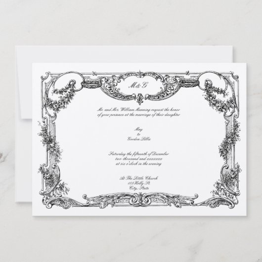 Invitation Elégant Rose baroque Rococo Mariage de frontière f (Devant)