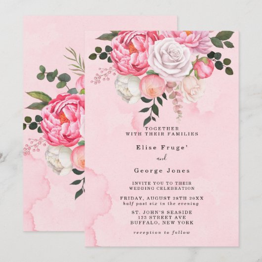 Invitation Elégant rose blanc Aquarelle Florals Mariage (Devant / Derrière)