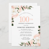 Invitation Elégant rose blanc floral 100e anniversaire (Devant / Derrière)