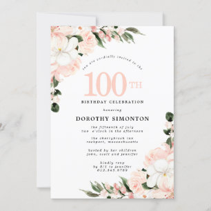 Invitation Elégant rose blanc floral 100e anniversaire