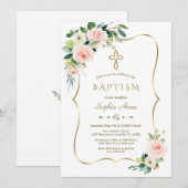 Invitation Élégant rose blanc floral fleur or croix Baptême (Devant / Derrière)