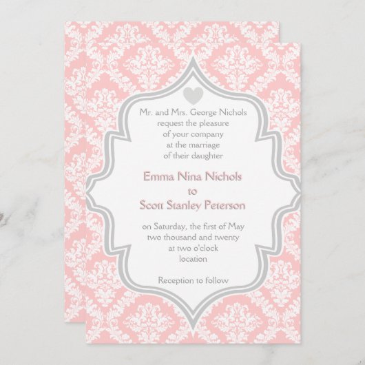 Invitation Elégant rose, blanc, gris mariage damassé (Devant / Derrière)