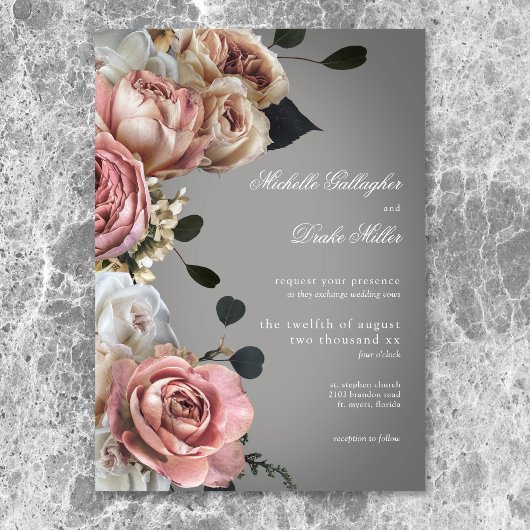 Invitation Élégant rose blanc Rose gris Mariage
