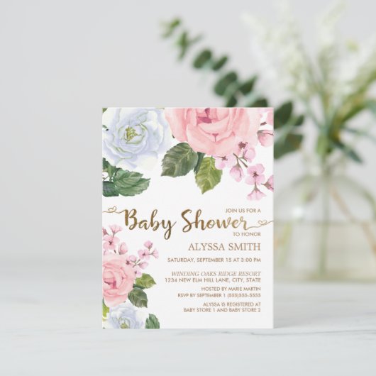 Invitation Élégant rose blanc Rose Script Baby shower (Debout devant)