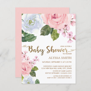 Invitation Élégant rose blanc Rose Script Baby shower
