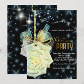 Invitation Élégant rose blanche dorée chic Noël (Devant / Derrière)