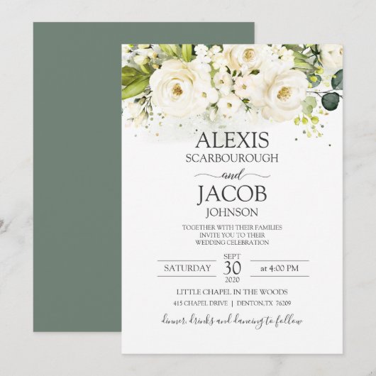 Invitation Élégant Rose blanche et Mariage Floral or (Devant / Derrière)