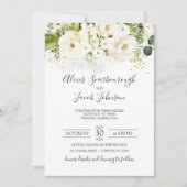 Invitation Élégant Rose blanche et Mariage or Cursive (Devant)