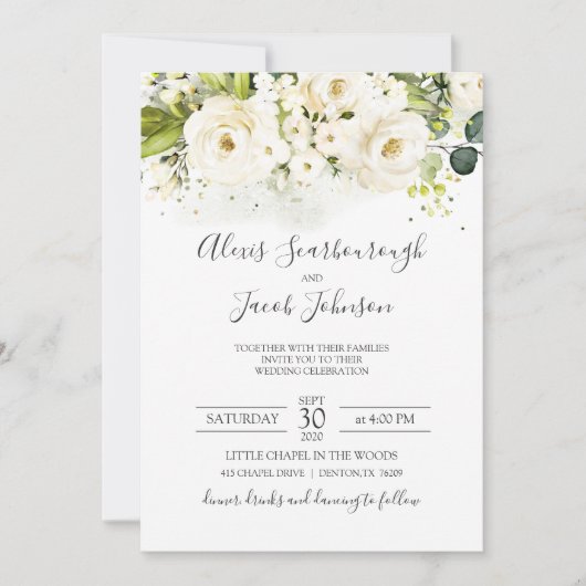 Invitation Élégant Rose blanche et Mariage or Cursive (Devant)