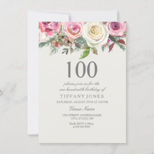 Invitation Élégant Rose blanche Floral 100e anniversaire Invi