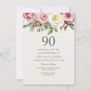 Invitation Élégant Rose blanche Floral 90e anniversaire Invit