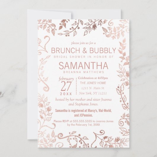 Invitation Elégant Rose blanche or brunch floral Bubbly (Devant)
