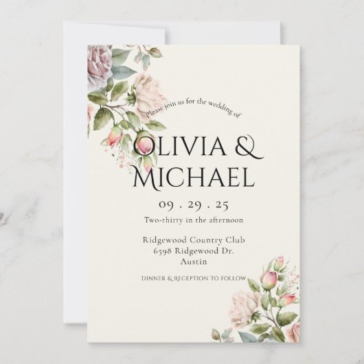 Invitation Elégant rose bleu Aquarelle Mariage Floral (Devant)