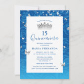 Invitation Elégant Rose bleu Couronne argent Floral Quinceane (Devant)