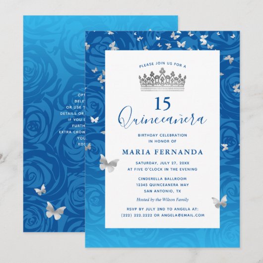 Invitation Elégant Rose bleu Couronne argent Floral Quinceane (Devant / Derrière)