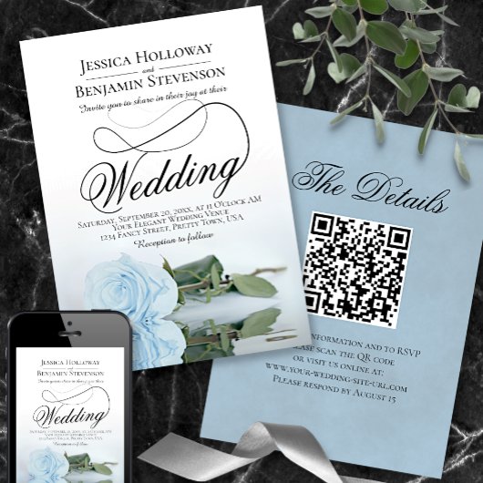 Invitation Élégant Rose bleu Dusty Script QR Code Mariage