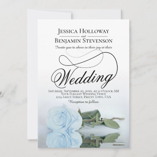 Invitation Élégant Rose bleu Dusty Script QR Code Mariage (Devant)