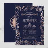 Invitation Elégant Rose bleu Gold Floral Fiançailles (Devant / Derrière)
