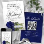 Invitation Elégant Rose bleu marine Fancy QR Code Mariage<br><div class="desc">Cette belle faire-part de mariage est ornée d'une superbe photo d'un seul rose à long tige bleu marine allongé sur son côté, se reflétant dans un bassin d'eau avec vagues et ondulations. Le design se compose d'un script de calligraphie sophistiqué avec une longue queue bouclée, ce qui le rend à...</div>