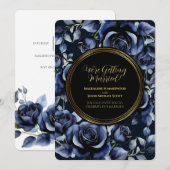 Invitation Elégant Rose bleu marine Floral & Gold Black Frame (Devant / Derrière)