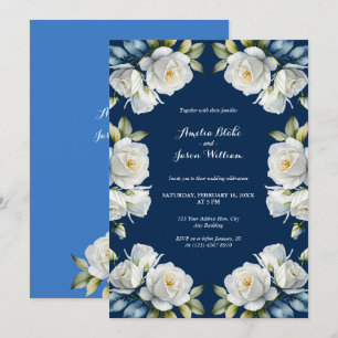 Invitation Elégant Rose bleu marine Floral Mariage frontière