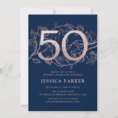 Invitation Elégant Rose bleu marine Gold 50e anniversaire (Devant)