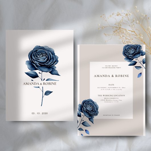 Invitation Élégant Rose bleu marine Mariage
