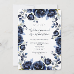 Invitation Élégant Rose bleu marine Mariage Arrière - plan bl