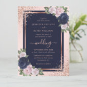 Invitation Elégant Rose bleu marine Mariage floral (Debout devant)