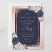Invitation Elégant Rose bleu marine Mariage floral (Devant)