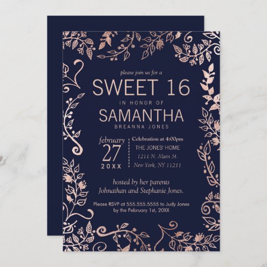 Invitation Elégant Rose bleu marine or Floral Sweet 16 Invita (Devant / Derrière)