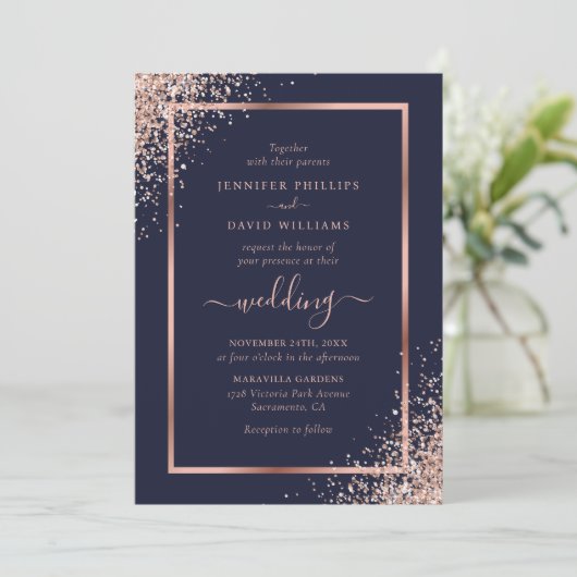 Invitation Elégant Rose bleu marine Parties scintillant or Ma (Debout devant)