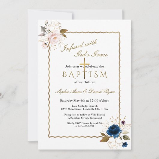 Invitation Élégant rose Bleu Or Fleurs Jumeaux Baptême (Devant)