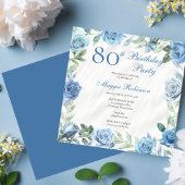 Invitation Elégant Rose Blue Floral Frame 80e fête d'annivers