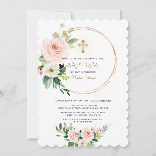 Invitation Élégant rose Blush Floral Gold Cross Baptême (Devant)