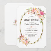 Invitation Elégant rose Blush Floral Gold Frame Sweet 16 (Devant / Derrière)