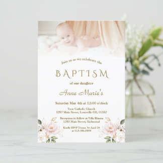 Invitation Élégant rose Blush Floral Gold Photo Girl Baptême