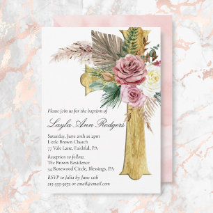 Invitation Élégant Rose Boho Floral Boden Cross Baptême
