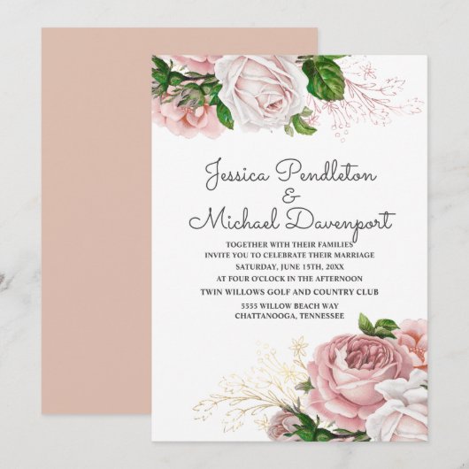 Invitation Élégant Rose botanique rose Floral blanc Mariage (Devant / Derrière)