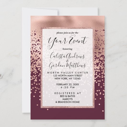 Invitation Élégant Rose Bourgogne Gold Polka Dot Gradient (Devant)