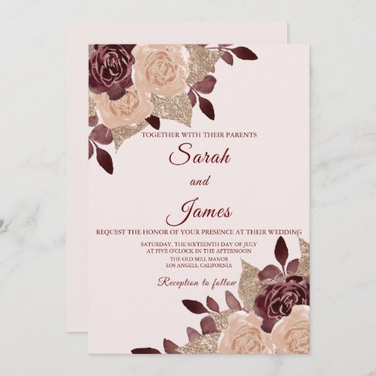 Invitation Elégant Rose Bourgogne Parties scintillant or Mari (Devant / Derrière)