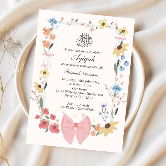 Invitation Elégant rose Bow & Fleurs Aqiqah musulman