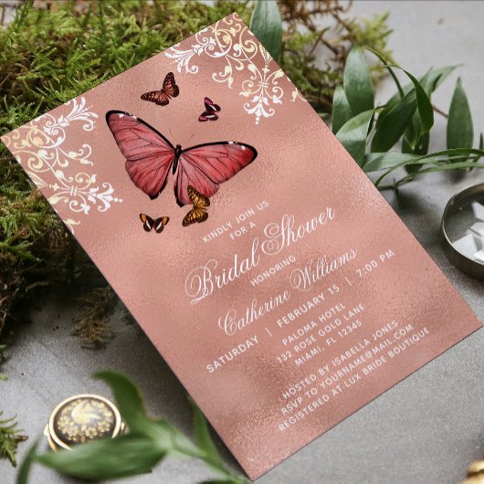 Invitation Élégant Rose Butterfly Gold Fête des mariées flora