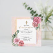 Invitation Élégant Rose | Cadre Floral en Or pour la Confirma (Debout devant)